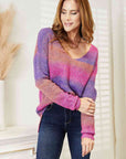 Light Gray Double Take Multicolored Rib-Knit V-Neck Knit Pullover