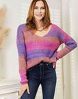Light Gray Double Take Multicolored Rib-Knit V-Neck Knit Pullover