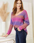 Light Gray Double Take Multicolored Rib-Knit V-Neck Knit Pullover