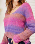 Rosy Brown Double Take Multicolored Rib-Knit V-Neck Knit Pullover