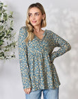 Light Gray Heimish Full Size Floral Half Button Long Sleeve Blouse