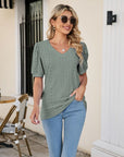 Gray Eyelet Puff Sleeve V-Neck Top