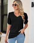 Black Eyelet Puff Sleeve V-Neck Top