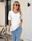 Light Gray Eyelet Puff Sleeve V-Neck Top