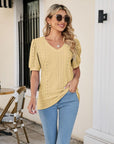 Gray Eyelet Puff Sleeve V-Neck Top