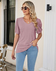 Gray Eyelet Puff Sleeve V-Neck Top