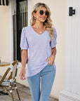 Gray Eyelet Puff Sleeve V-Neck Top