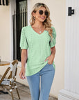 Gray Eyelet Puff Sleeve V-Neck Top
