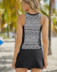Dim Gray Geometric Print Color Block Swim Top and Skirt Set