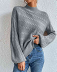 Gray Cable-Knit Mock Neck Long Sleeve Sweater
