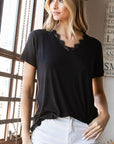 Dark Slate Gray Heimish Lace Detail V-Neck Short Sleeve T-Shirt