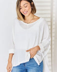 Light Gray Zenana Full Size Waffle Knit V-Neck Long Sleeve Slit Top