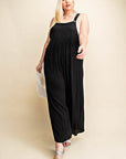 Bisque Kori America Full Size Sleeveless Ruched Wide Leg Overalls
