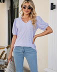 Gray Eyelet Puff Sleeve V-Neck Top