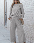Gray Double Take Full Size Textured Long Sleeve Top and Drawstring Pants Set
