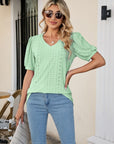 Gray Eyelet Puff Sleeve V-Neck Top