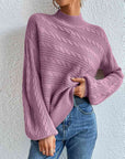 Gray Cable-Knit Mock Neck Long Sleeve Sweater