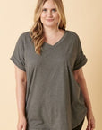 Dark Slate Gray Mittoshop Full Size V-Neck Rolled Short Sleeve T-Shirt