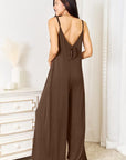 Dark Olive Green Double Take Full Size Soft Rayon Spaghetti Strap Tied Wide Leg Jumpsuit