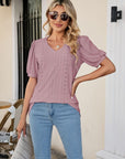 Gray Eyelet Puff Sleeve V-Neck Top