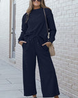 Gray Double Take Full Size Textured Long Sleeve Top and Drawstring Pants Set