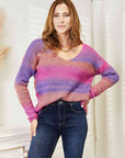 Light Gray Double Take Multicolored Rib-Knit V-Neck Knit Pullover