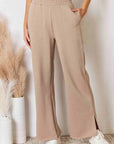 Tan RISEN Wide Waistband Slit Wide Leg Pants