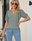 Gray Eyelet Puff Sleeve V-Neck Top