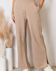 Tan RISEN Wide Waistband Slit Wide Leg Pants