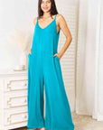 Light Sea Green Double Take Full Size Soft Rayon Spaghetti Strap Tied Wide Leg Jumpsuit