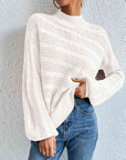Light Gray Cable-Knit Mock Neck Long Sleeve Sweater