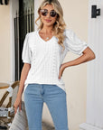 Gray Eyelet Puff Sleeve V-Neck Top