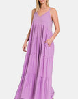 Misty Rose Zenana Frill Tiered V-Neck Maxi Cami Dress