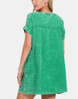 Medium Sea Green Zenana Washed Notched Short Sleeve Mini Dress