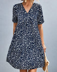 Gray Ditsy Floral Empire Waist Plunge Short Sleeve Dress