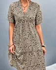 Dark Gray Ditsy Floral Empire Waist Plunge Short Sleeve Dress
