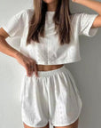 Gray Eyelet Round Neck Top and Shorts Set