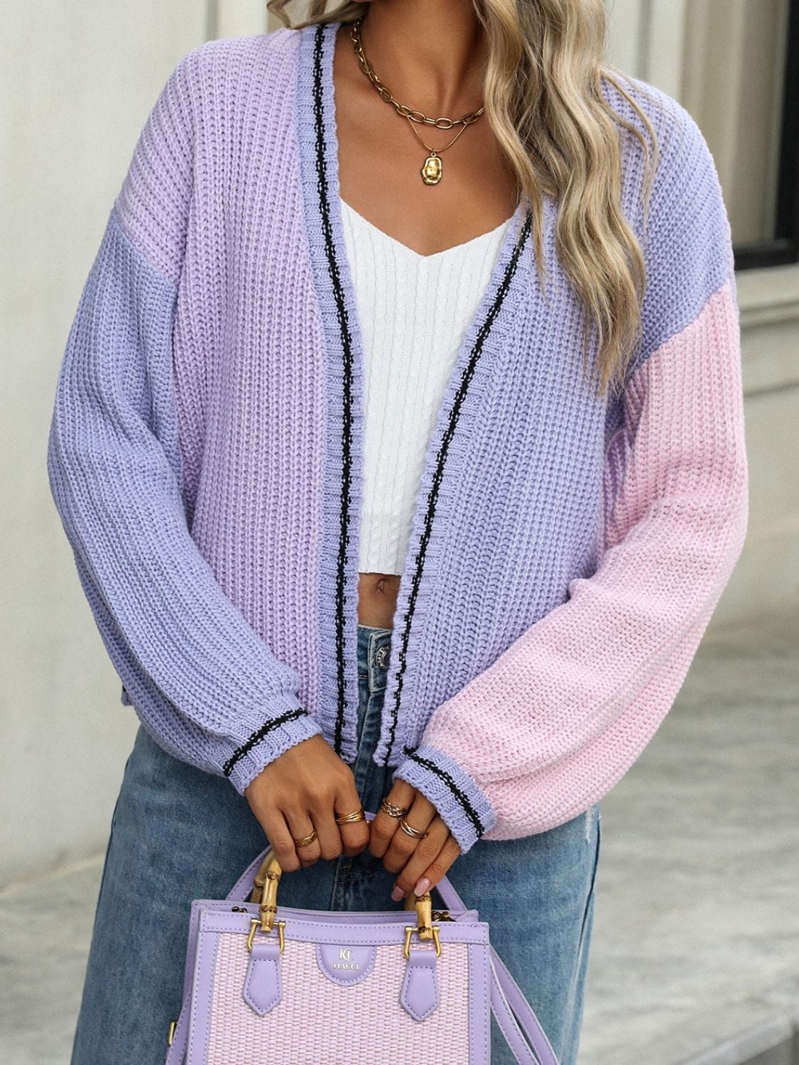 Gray Contrast Open Front Long Sleeve Cardigan