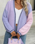 Gray Contrast Open Front Long Sleeve Cardigan