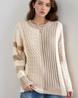 Cable-Knit Color Block Round Neck Sweater