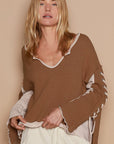 Rosy Brown POL Lace-Up Sleeve Color Block Ribbed Knit Top