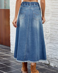 Raw Hem Buttoned Denim Skirt with Pockets