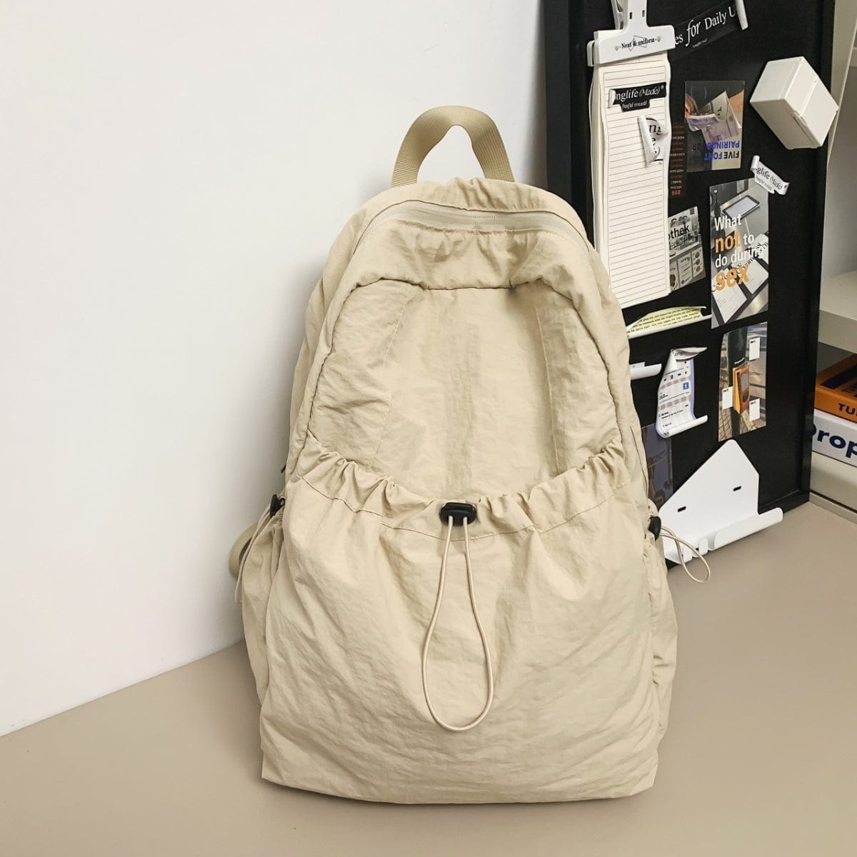 Light Gray Drawstring Nylon Backpack Bag