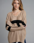 Slit Contrast V-Neck Long Sleeve Sweater