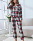 Plaid Button Front Top and Pants Lounge Set