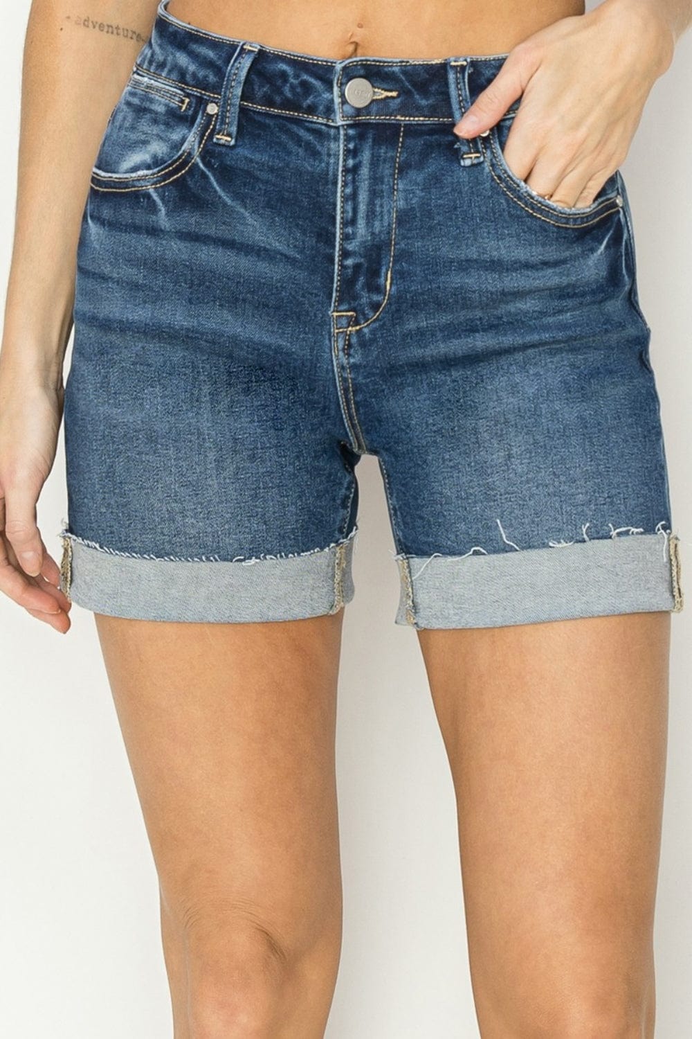 Dark Slate Gray RISEN High Rise Cuffed Denim Shorts