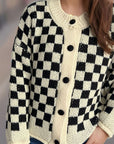 Checkered Button Up Round Neck Cardigan