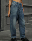 Half Elastic Waist Straight Leg Jeans