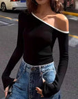 Contrast Trim One Shoulder Long Sleeve T-Shirt