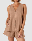 Rosy Brown Full Size Button Up Top and Shorts Set Sentient Beauty Fashions Apaparel & Accessories